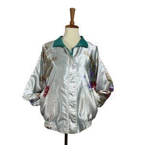 Vintage La Phia Reversible Bomber Jacket Floral Womens Size ML Teal 1980s